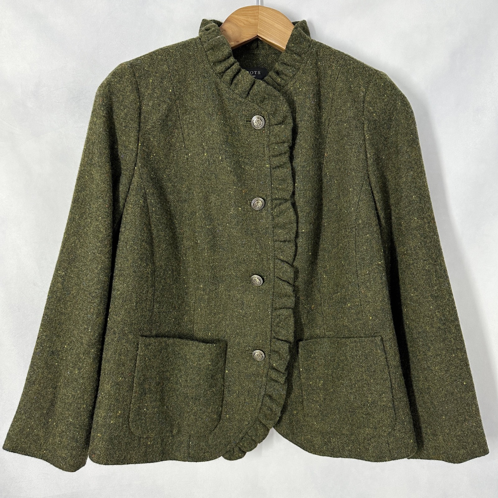 Talbots Wool Blend Dark Olive Green Tweed Ruffle Jacket Women's Size 12wp